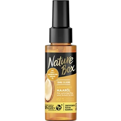 Imagen de Nature Box aceite para el cabello nutritivo (70 ml), con de argán que proporciona un cuidado intensivo y protege contra las puntas abiertas, botella plástico 100 %