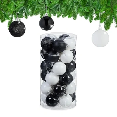 Imagen de Relaxdays Set 30 Bolas Navidad, Decoración Navideña, 6 cm, Brillante, Adornos Árbol, Plástico Irrompible, Negro y Blanco