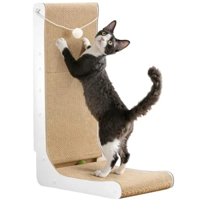 Imagen de Gimars Rascador para Gatos Grandes en Forma de L 68 cm, Tablero con Peluche y Bolas Catnip, Cartón Montar la Pared, Juguetes Proteger Muebles,Blanco