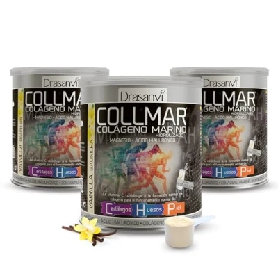 Imagen de Drasanvi COLLMAR Colageno Marino Hidrolizado con Magnesio, Acido Hialuronico y Vitamina C para cartílagos, huesos piel Máx. Asimilación 9.717 mg/día 3 x 300 g de polvo Sabor Vainilla