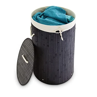 Imagen de Relaxdays Cesto Ropa Sucia con Tapa, Redondo, Cubo Colada, Canasta Plegable, Bambú, 70 L, Ø 41 cm, Negro, Poliéster