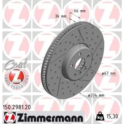 Imagen de ZIMMERMANN 150.2981.20 Disco de freno 374 36 6/5 5 112 ventilación interna, avellanado, ranurado revestido altamente carbonizado BMW: 3 Touring
