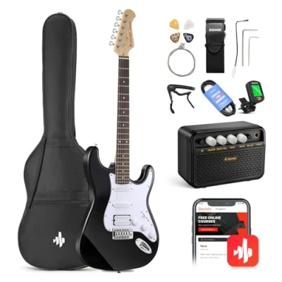 Imagen de Donner Kit de Guitarra Eléctrica Stratocaster Tamaño Completo con Amplificador, Bolsa, Capo, Correa, Cuerda, Sintonizador, Cable y Púas (Negro)
