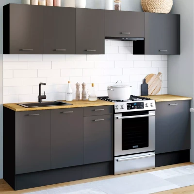 Imagen de IDMarket Cocina completa 240 cm SUBTIL con encimera 7 elementos negro y bandejas de madera