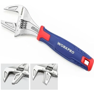 Imagen de WORKPRO llave ajustable y para tubos 2 en 1 de boca ancha, 200mm con capacidad mordaza extra grande 42 mm, acero Cr V, agarre suave bimaterial