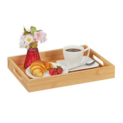 Imagen de Relaxdays Bambú 5,5 x 40 30 cm, Bandeja Desayuno Cama, Asas, Borde Alto, Rectangular, Madera Natural