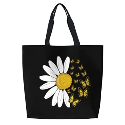 Imagen de FJAUOQ Bolsas de comestibles reutilizables con diseño margaritas y mariposas, bolsa compras plegable, bolso hombro informal, mano grande para mujer