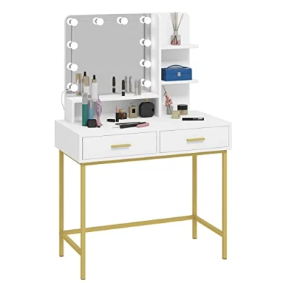 Imagen de WOLTU Tocador de Maquillaje con Espejo y 10 Bombillas LED, Mesa 2 Cajones Grandes Estantes, Estilo Moderno para Dormitorio, 90x45x137cm, Blanco+Dorado, MB6090ws