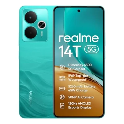 Imagen de realme 14T Smartphone 5g, 8+256GB,Batería 5260 mAh,Procesador Dimensity 6300,IP69, Cámara de 50MP,Pantalla AMOLED para Esports 120 Hz,Verde Surf,Exclusivo Amazon (Sin Adaptador)