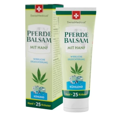 Imagen de SwissMedicus Bálsamo para caballos con cáñamo, efecto refrescante músculos y articulaciones, 25 extractos naturales, uso diario, gel natural, 75 ml