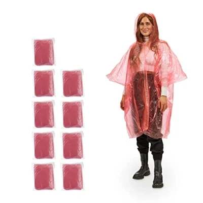 Imagen de Relaxdays Set de 10 Chubasqueros, Capa Lluvia Capucha, Poncho Impermeable Desechable, Hombre y Mujer, PE, Rojo, 95 x 120 cm