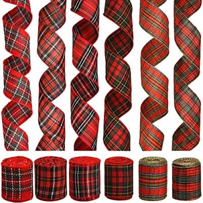 Imagen de NAUZE 6 rollos de cintas tartán con borde alambre Navidad, cinta a cuadros roja y verde para decoración árbol corona lazos