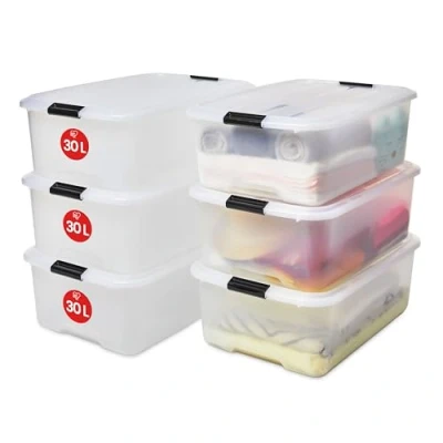 Imagen de Iris Ohyama 6 Cajas de almacenaje con tapa y cierres a presión, 30L, Transparente, apilables, encajables, contenador para ropas, juguetes, hogar, oficina armario, organizar espacio, plástico, TB 30