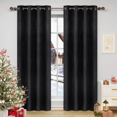 Imagen de WOLTU Cortinas Opacas Terciopelo Aislantes 2 Piezas 140 x 270 cm Cortina Moderna Térmica con 8 Ojales para Salon Habitacion Dormitorio Negro