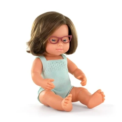 Imagen de Muñeca Síndrome Down Caucásica con Gafas y Pelele Turquesa 38 cm
