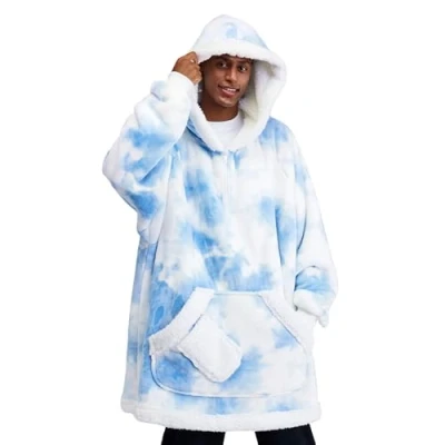 Imagen de Giggling Getup Manta con Capucha Ponible para Mujeres y Hombres Sudadera de Franela Sherpa Sobredimensionada, Gran Bolsillo Mangas, Regalos Cumpleaños Adultos, Azul Claro Tie Dye