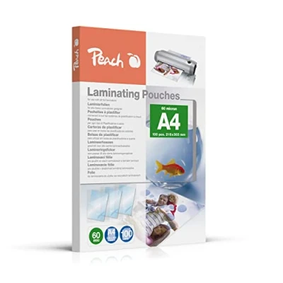 Imagen de Peach Láminas para plastificar A4 60 micras 100 bolsas brillante Calidad premium mejores resultados de laminación Compatible con todos los fabricantes marcas PP560 02