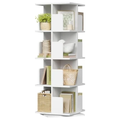 Imagen de EUGAD Estantería Giratoria para Libros de Árbol Estante Decorativo 360 Piso Oficina Librería con 4 Niveles MDF Blanco 39x39x128cm 0040SHG