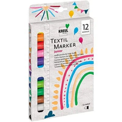 Imagen de KREUL 90720 Junior Medium Fabric Marker Pen 12 x Paint Pencils for Light Fabrics, with Large Tip Made of Durable Fibre; Line Thickness: Approx. 2 4 mm, Washable After Fixing