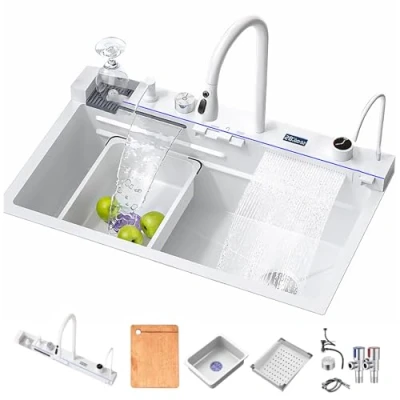 Imagen de FGNIXLN fregadero de cocina, acero inoxidable T304, cocina multifuncional, cascada, empotrado con grifo digital multifuncional y varios accesorios (80 x