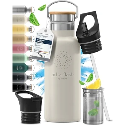 Imagen de Botella de Agua Térmica ACTIVE FLASK + Pajita (3 Tapones) sin BPA 1l &amp; 500ml Frasco Termo Acero Inoxidable Aislamiento Vacío Cantimplora Aislada Bicicleta Deporte Caliente Fría Café Té