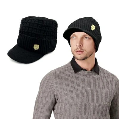 Imagen de TUONYIS Gorro de Invierno para Hombre con Visera, Punto, Forro Polar, Visera Orejeras Actividades al Aire Libre (Negro)