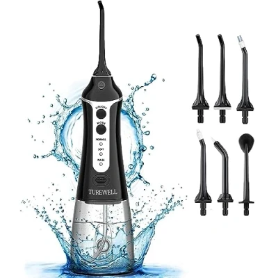 Imagen de TUREWELL FC1591 Irrigadores Bucales,Irrigador Dental Portatil con 6 Boquillas 3 Modos,IPX7 Impermeable,USB Recargable para Limpieza Dental, 300ML Irrigador Oral de Familia y Viajar