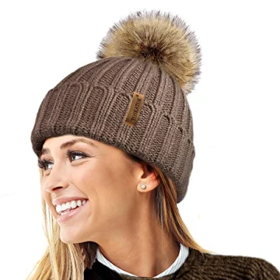 Imagen de TOSKATOK® Invierno de Las Mujeres Costilla Punto Hat/Beanie con Desmontable Piel Falsa Chunky Pom Bobble