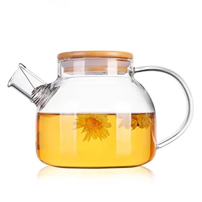 Imagen de TAMUME 1000ML Tetera de Vidrio con Tapa Bambú y Filtro Acero Inoxidable Agua Bobina Ideal para el Eecipiente Té Frutas Floreciente (1000ml)