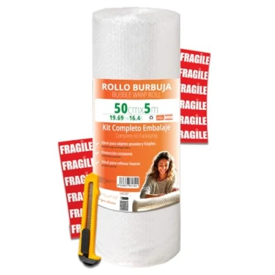 Imagen de OFITURIA Papel burbujas Embalaje 50cm x 5m kit completo con Cutter + 12 Etiquetas FRÁGIL para mudanza, embalaje, plástico de
