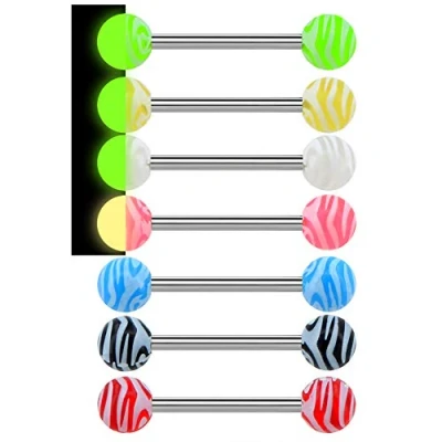Imagen de Oufer Piercing para la lengua en forma de barra con colores caramelos, brillan oscuridad, acero inoxidable 316L 14 G, 7 unidades