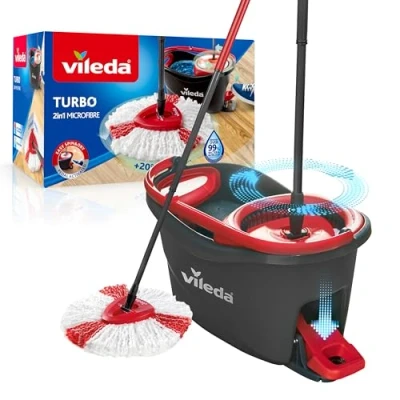 Imagen de Vileda Turbo Juego de Cubo fregona para Suelos giratoria con Pedal Mango telescópico 85 123 cm Cabezal Microfibra 2 en 1 Love it Clean Embalaje sostenible