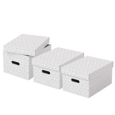 Imagen de Esselte Caja Mediana de Cartón para Almacenaje y Regalos con Tapa, Pack 3, Organización la Oficina Casa, 100% Reciclado Reciclable, Diseño Geométrico, Blanco, 628282