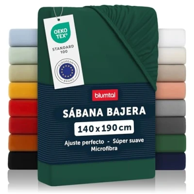 Imagen de Blumtal Basics Sábana Bajera Ajustable de Microfibra Cepillada para colchón 25 27 cm Altura, Cama 140: 140 x 190 30cm, Verde Oscuro