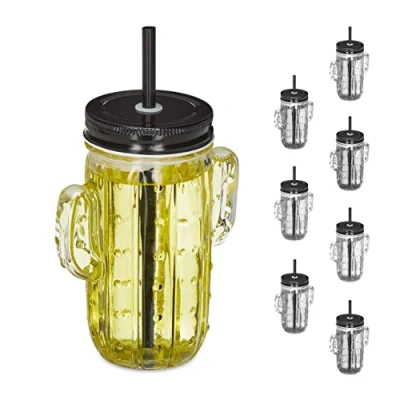 Imagen de Relaxdays Pack de 8 Vasos con Pajita y Tapa, Jarras para Helado o Limonada, Forma Cactus, 500 ml, Transparente