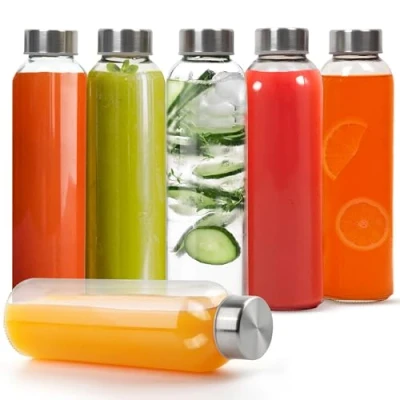 Imagen de Winter Shore Botellas Cristal Reutilizable de 500 ml [Pack 6] Botella Vidrio Transparente para Bebidas Frías y Calientes, Zumos, Batidos, Smoothie Prueba Fugas con Tapas Acero Inoxidable