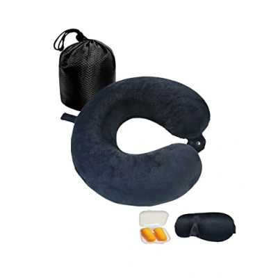 Imagen de Almohada de Viaje,Almohada Espuma viscoelástica para el Cuello, Antifaz Dormir, Tapones los oídos, Bolsa, Paquete rápido, Compacto y Ligero Camping, Oficina, Vuelo (Negro)
