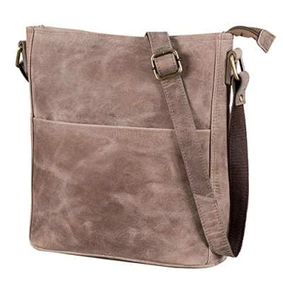 Imagen de LEABAGS Bolso de Cuero para Mujer Bandolera Genuino Hombro Trabajo, Universidad, Escuela y Tiempo Libre Tamaño M (24 x 23 6 cm) Vintage Gris Marrón
