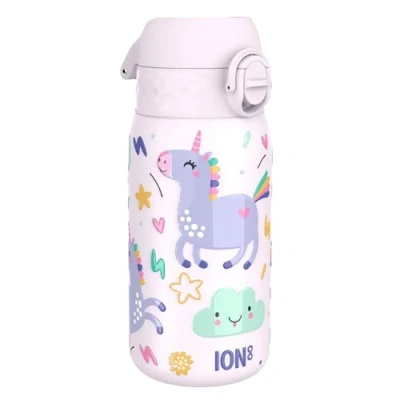 Imagen de ion8 Botella Agua Acero Inoxidable para Niños, 400ml, a Prueba de Fugas, Fácil Abrir, Cerradura Segura, Apta Lavavajillas, Tapa Abatible, Asa Transporte, Limpiar, DiseñoUnicornio