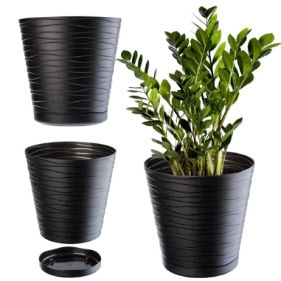 Imagen de KADAX Maceta con platillo, macetero para Interior, Ligero de plástico, Redondo, Flores, Plantas, casa, (25 cm, Antracita)