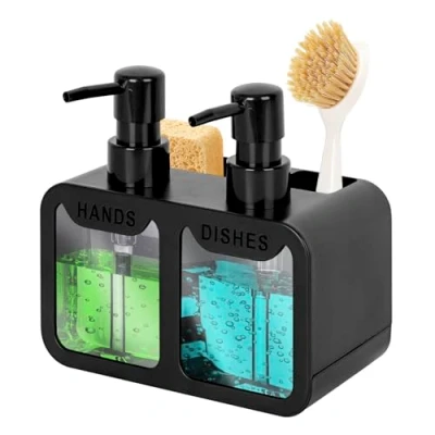 Imagen de dispensador de jabón cocina, manos y platos organizador esponja con soporte para cepillo, encimera 3 en 1 fregadero cocina (negro)