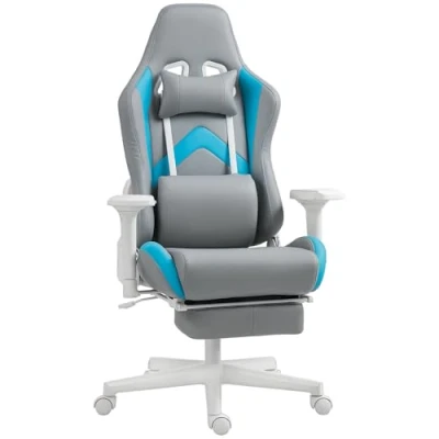 Imagen de HOMCOM Silla Gaming Gamer Reclinable con Altura Ajustable Reposapiés Retráctil Soporte Lumbar y Reposacabezas Desmontable para Oficina Estudio Gris Claro Azul