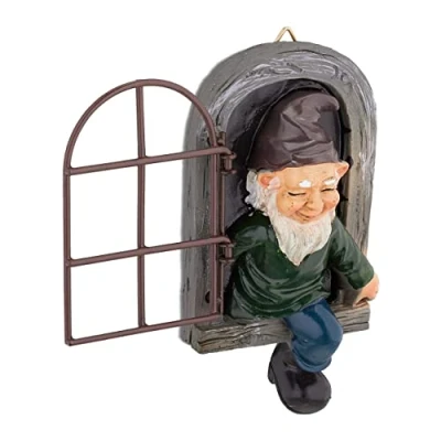 Imagen de Relaxdays Enano Decoración Árbol Gnomo Ventana, Resistente a la Intemperie, Colgante, 15 x 8 cm, Piedra Artificial, Multicolor, Polirresina