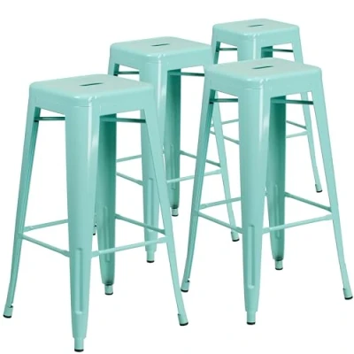 Imagen de Flash Furniture Juego de 4 taburetes bar, grado comercial, 76 cm, sin respaldo, metal, para interiores y exteriores, asiento cuadrado, hierro, plástico, color verde menta