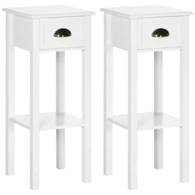 Imagen de HOMCOM Conjunto de 2 Mesas Auxiliares Mesitas Noche con Cajón y Estante Almacenamiento Estilo Moderno para Salón Dormitorio 30x30x75 cm Blanco