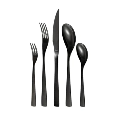 Imagen de Otto Koning Berlín Juego de Cubiertos Acero Inoxidable 20 Piezas Chapado en Titanio Negro y Pulido Brillante, Espesor 4 mm Cuchillo Chuletero. Una Cubertería Moderna para Personas