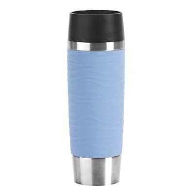 Imagen de Emsa Travel Mug Waves Grande N20121 Vaso térmico (0,5 L, hasta 6 horas de calor y frío durante 12 horas, 100% hermético, apertura 360, cierre presión rápida, café para llevar, azul polvo)