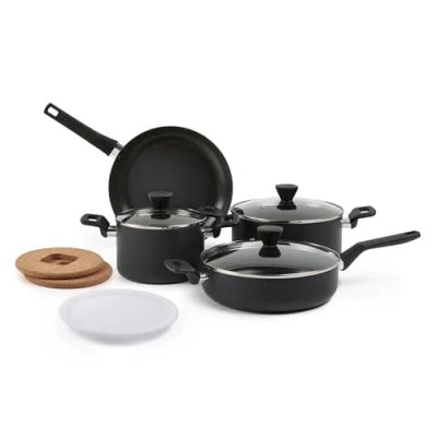 Imagen de Amazon Basics 10 piezas Juego de cacerolas, ollas y sartenes antiadherentes, con anodizado duro, apilables, piezas, ahorro espacio, sin PFOA, Negro