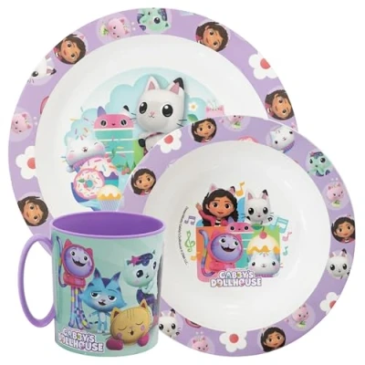 Imagen de Sorrisini Vajilla Infantil Reutilizable Apta Para Microondas Gabby, Juego de Platos Irrompibles Plástico Niños y Bebés, Plato, Cuenco Cereal, Taza 350ml, sin BPA Gabby Space
