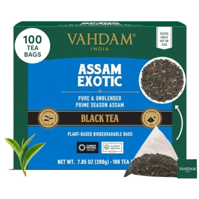Imagen de VAHDAM, Assam Exotic Té Negro (100 Piramidales Bolsitas De Té) Hojas Sueltas 100% Puro Y Sin Mezclar Envasado Fresco En La India Caliente, Frío O Como Kombucha